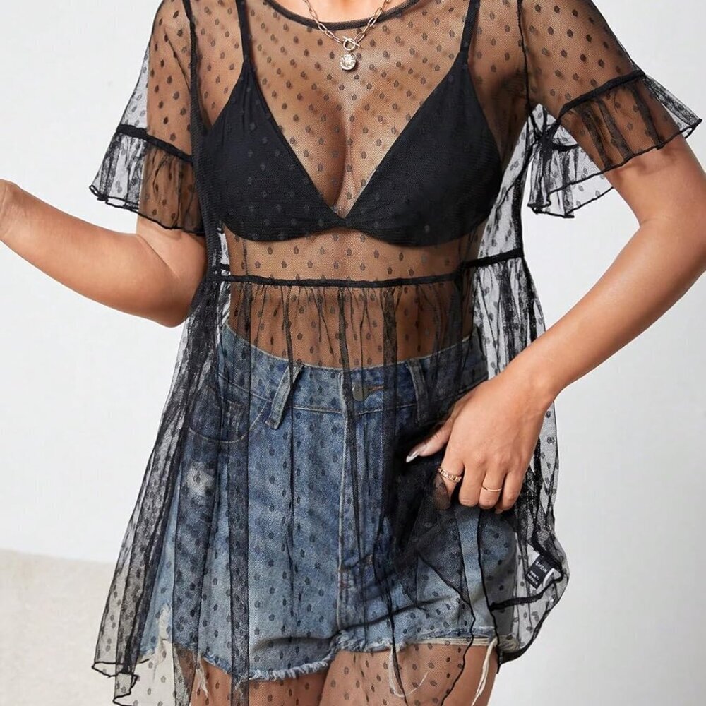 Women's Sheer Mesh Mini Dress Polka Dots Ruffle Hem Short Sleeve Flared - Picture 4 of 5